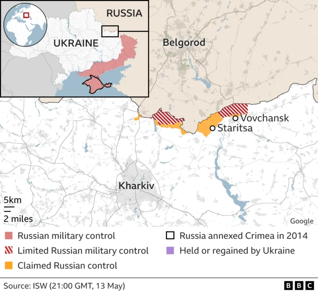 Map showing Kharkiv and areas of Russian control in Ukraine