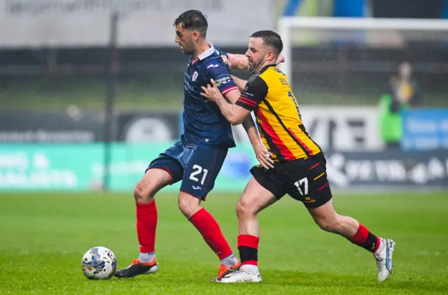 Partick Thistle's Scott Robinson and Raith Rovers' Shaun Byrne in action during a cinch Premiership play-off semi-final first leg match between Partick Thistle and Raith Rovers at Wyre Stadium at Firhill, on May 14, 2024, in Glasgow, Scotland.