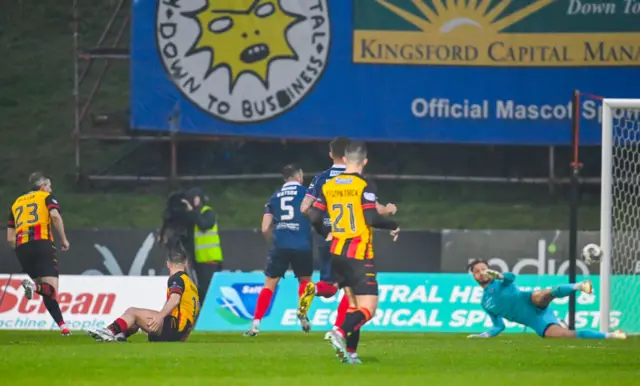 Partick Thistle's Blair Alston scores to make it 2-1 during a cinch Premiership play-off semi-final first leg match between Partick Thistle and Raith Rovers at Wyre Stadium at Firhill, on May 14, 2024, in Glasgow, Scotland.