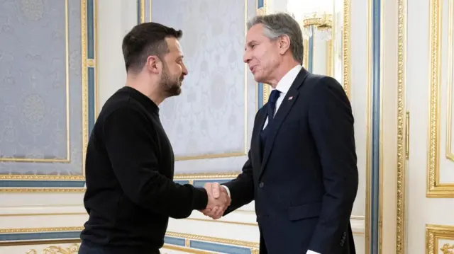 President Zelensky with Antony Blinken, Kyiv: Ukraine's President Volodymyr Zelensky greets US Secretary of State Antony Blinken prior to their meeting in Kyiv