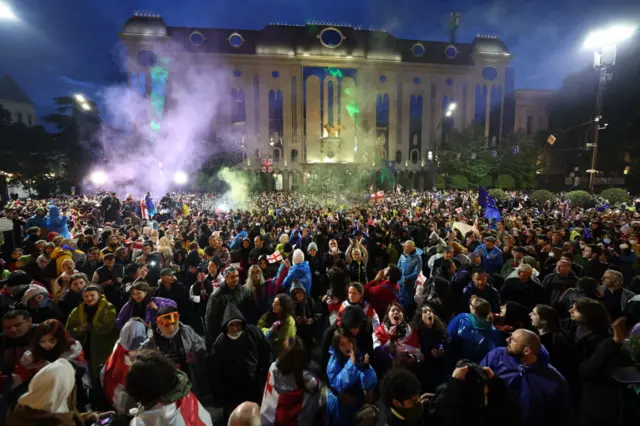 Protesters gather during a rally against the controversial "foreign influence" bill in Tbilisi on May 14, 2024.