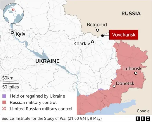 Map showing the north-eastern border town of Vovchansk on the larger map of Ukraine