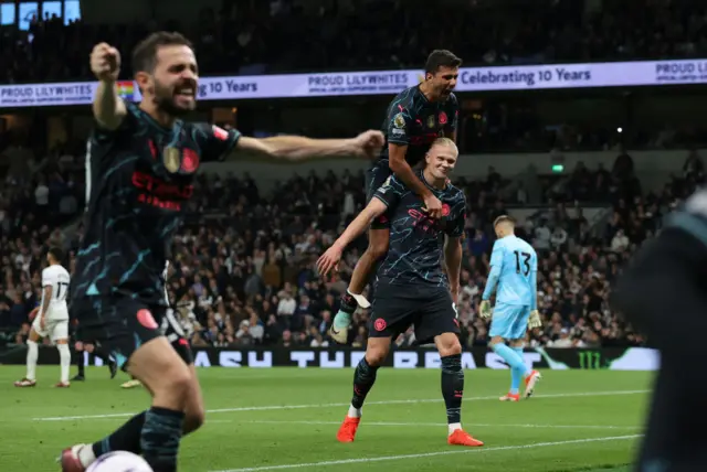 City players celebrate wildly after the second goal