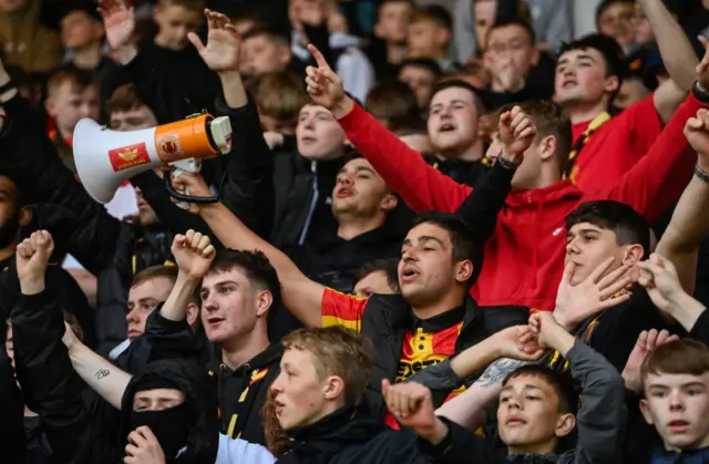 Partick Thistle fans during a cinch Premiership play-off semi-final first leg match between Partick Thistle and Raith Rovers at Wyre Stadium at Firhill, on May 14, 2024, in Glasgow, Scotland.