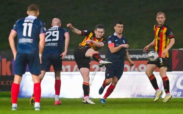 Partick Thistle's Blair Alston has a shot during a cinch Premiership play-off semi-final first leg match between Partick Thistle and Raith Rovers at Wyre Stadium at Firhill, on May 14, 2024, in Glasgow, Scotland.