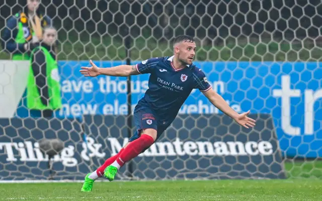 Raith Rovers' Lewis Vaughan celebrates after scoring to make it 2-0 during a cinch Premiership play-off semi-final first leg match between Partick Thistle and Raith Rovers at Wyre Stadium at Firhill, on May 14, 2024, in Glasgow, Scotland.