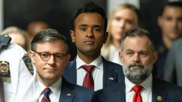 Speaker Mike Johnson (left), former presidential candidate Vivek Ramaswamy (centre) and Congressman Cory Mills at the trial on Wednesday