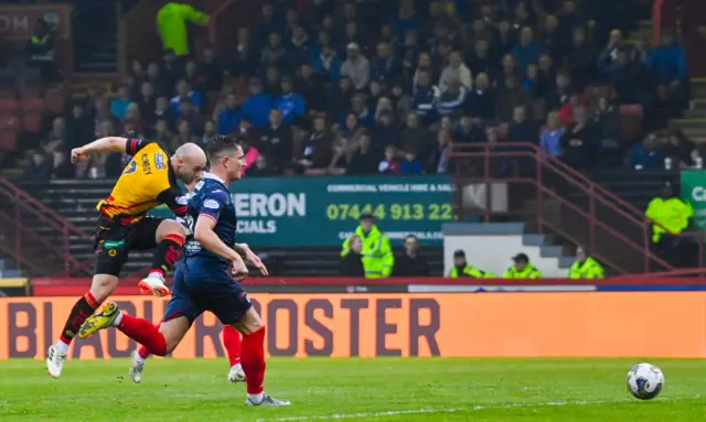 Partick Thistle's Kerr McInroy hits a shot wide during a cinch Premiership play-off semi-final first leg match between Partick Thistle and Raith Rovers at Wyre Stadium at Firhill, on May 14, 2024, in Glasgow, Scotland.