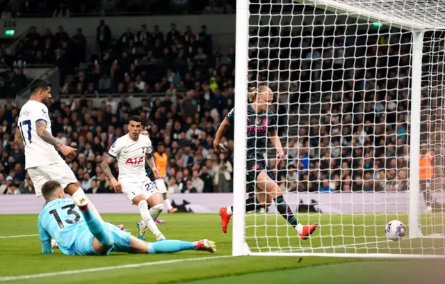 Erling Haaland scores against Tottenham