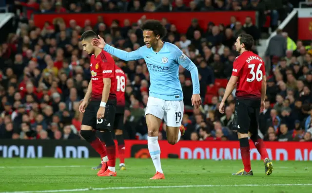 Manchester City's Leroy Sane celebrates scoring against Manchester United in April 2019