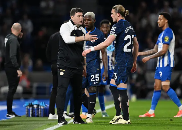 Mauricio Pochettino, Manager of Chelsea, gives instructions to Conor Gallagher