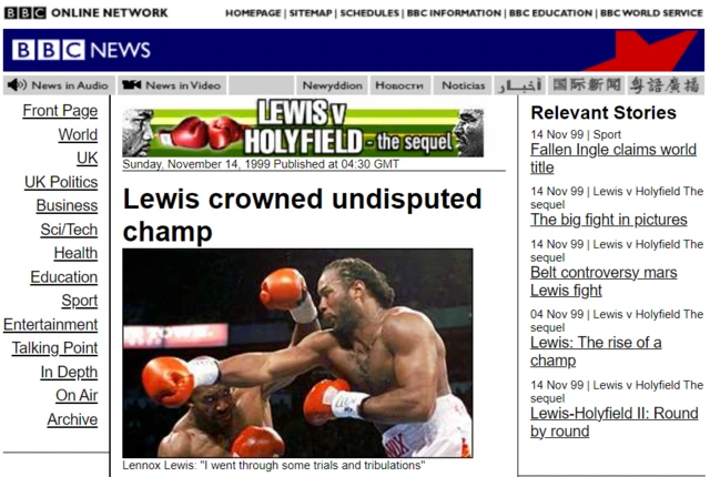 A screenshot of a BBC Sport report when Lennox Lewis beat Evander Holyfield to become the undisputed heavyweight champion