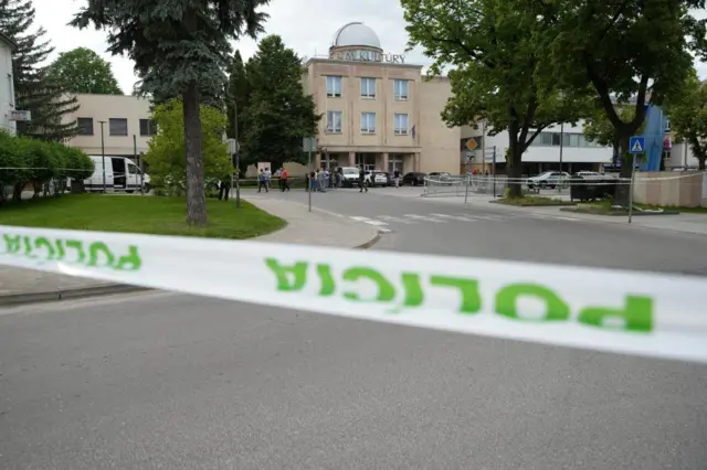 A view of the cordoned-off crime scene where Slovak Prime Minister Robert Fico was shot earlier in the day, in Handlova, Slovakia