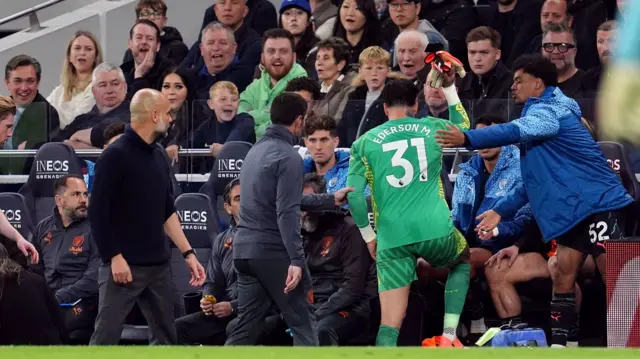 Ederson shows his frustration after being substituted against Tottenham