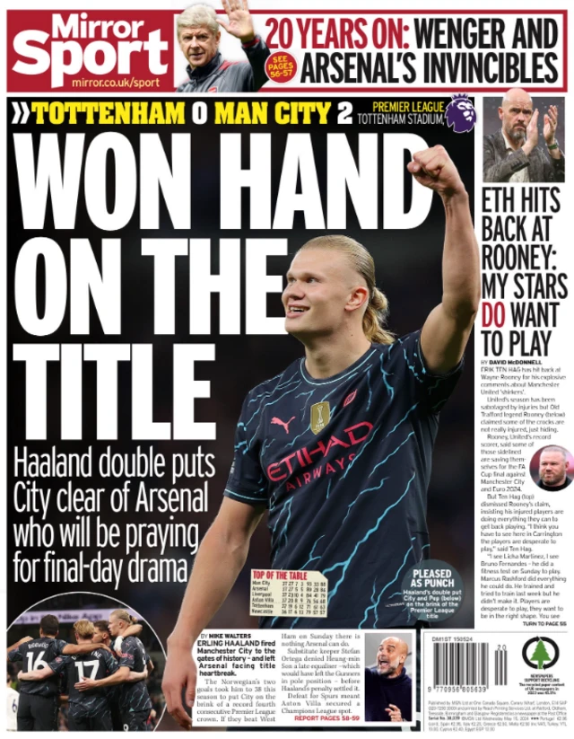 Back page of the Daily Mirror on 15 May 2024