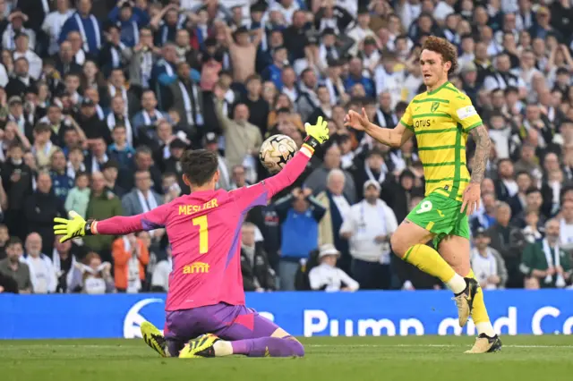 Josh Sargent is denied by the Leeds goalkeeper