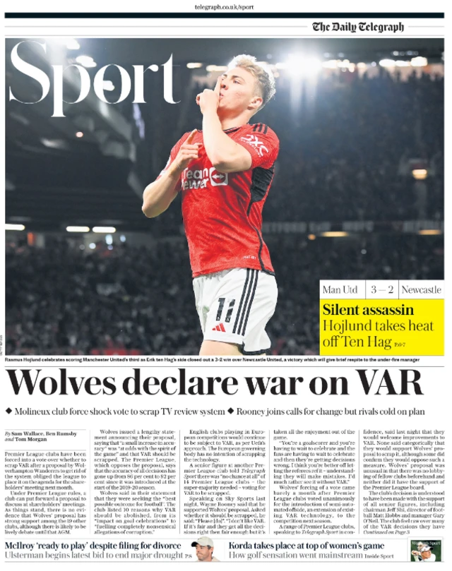 Lead sport page of the Daily Telegraph on 16 May 2024