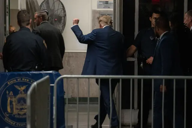 Former US President Donald Trump exits the courtroom during a break at Manhattan Criminal Court on May 16, 2024 in New York City.