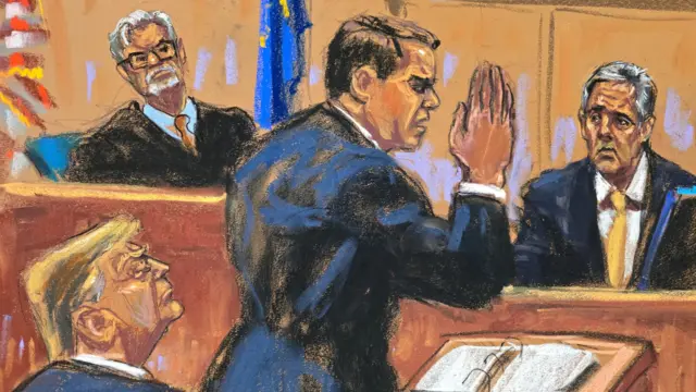 A court sketch of Donald Trump and Michael Cohen in court