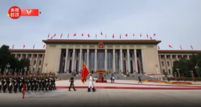 Soldiers in front of the Great Hall of the People