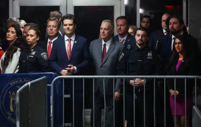 (L-R) Rep. Anna Paulina Luna (R-FL), Rep. Matt Gaetz (R-FL), Rep. Andy Biggs (R-AZ) and Rep. Lauren Boebert (R-CO) look on as former U.S. President Donald Trump appears at Manhattan Criminal Court