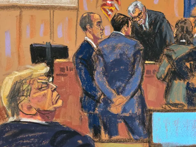 Lawyers meet with Justice Juan Merchan during former U.S. President Donald Trump's criminal trial on charges that he falsified business records to conceal money paid to silence porn star Stormy Daniels in 2016, in Manhattan state court in New York City, U.S. May 16, 2024 in this courtroom sketch. REUTERS/Jane Rosenberg