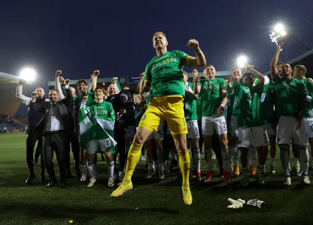 Celtic's Joe Hart celebrates after clinching the Scottish Premiership title