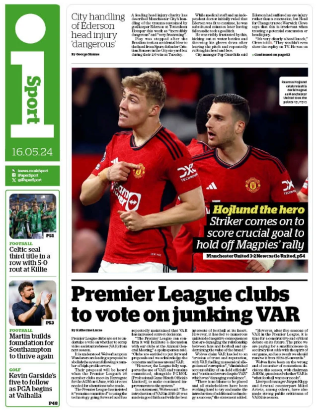 Lead page of i sport on 16 May 2024