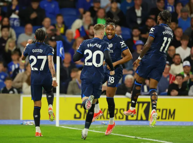 Chelsea's Christopher Nkunku celebrates scoring against Brighton