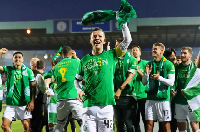 Celtic's Callum McGregor celebrates after clinching the Scottish title in 2024