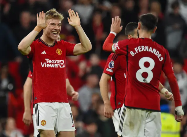 Manchester United's Rasmus Hojlund celebrates after scoring against Newcastle