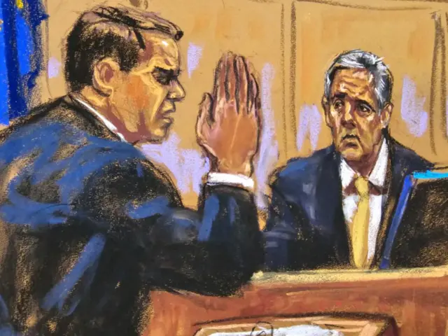 Todd Blanche questions Michael Cohen in a court sketch