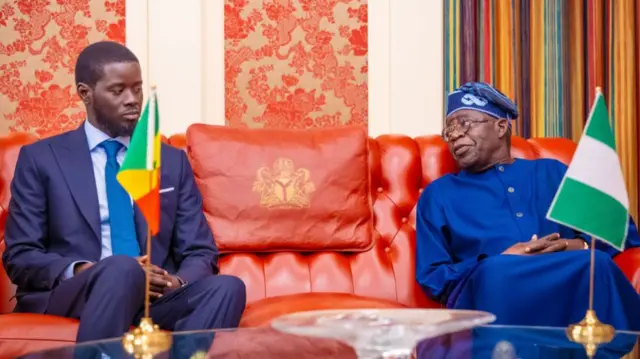 Nigerian President Bola Ahmed Tinubu (R) meets with Senegalese President Bassirou Diomaye Faye (L) at Aso Villa in Abuja, Nigeria on May 16, 2024