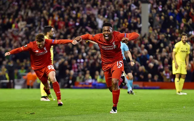 Daniel Sturridge celebrates scoring for Liverpool against Villarreal in 2016