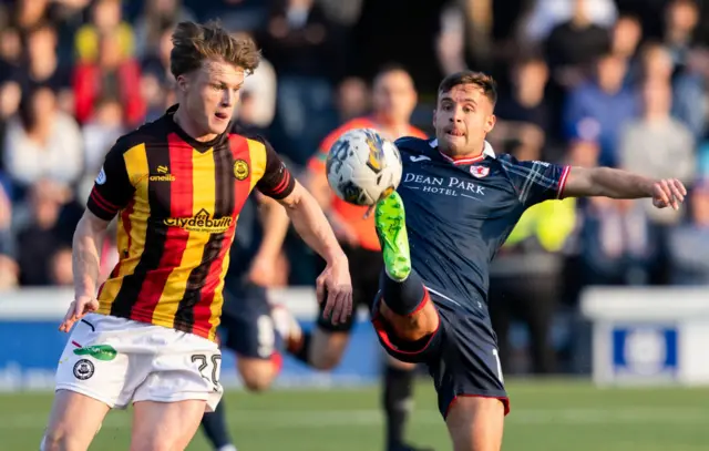 Raith's Lewish Vaughan (R) and Partick's Daniel O'Reilly in action during a cinch Premiership Play-Off Semi-Final 2nd Leg match between Raith Rovers and Partick Thistle at Starks Park, on May 17, 2024, in Kirkcaldy, Scotland.