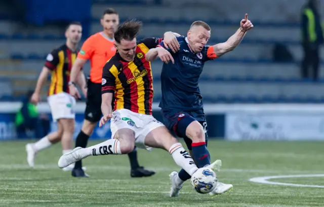 PArtick's Luke McBeth (L) and Raith's Scott Brown in action during a cinch Premiership Play-Off Semi-Final 2nd Leg match between Raith Rovers and Partick Thistle at Starks Park, on May 17, 2024, in Kirkcaldy, Scotland.