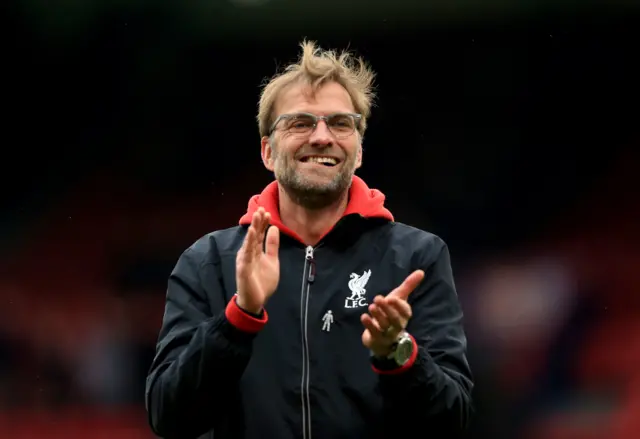 Manager Jurgen Klopp applauds the Liverpool fans