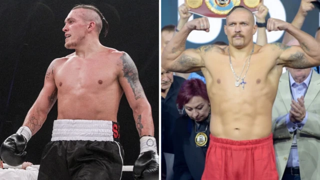 Oleksandr Usyk (left) at cruiserweight and Oleksandr Usyk (right) at heavyweight