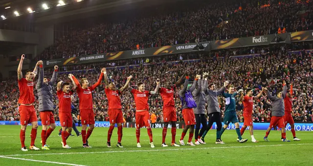 Liverpool players celebrate after beating Borussia Dortmund in 2016