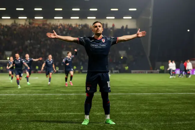 Raith's Lewis Vaughan celebrates after scoring the winning penalty in the shottout after a cinch Premiership Play-Off Semi-Final 2nd Leg match between Raith Rovers and Partick Thistle at Starks Park, on May 17, 2024, in Kirkcaldy, Scotland.