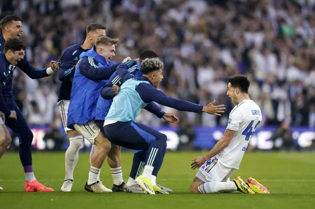 Leeds players celebrate after Ilia Gruev scores against Norwich