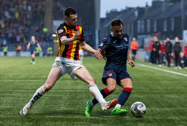 Raith's Lewis Vaughan (R) and Partick's Jack McMillan in action during a cinch Premiership Play-Off Semi-Final 2nd Leg match between Raith Rovers and Partick Thistle at Starks Park, on May 17, 2024, in Kirkcaldy, Scotland.