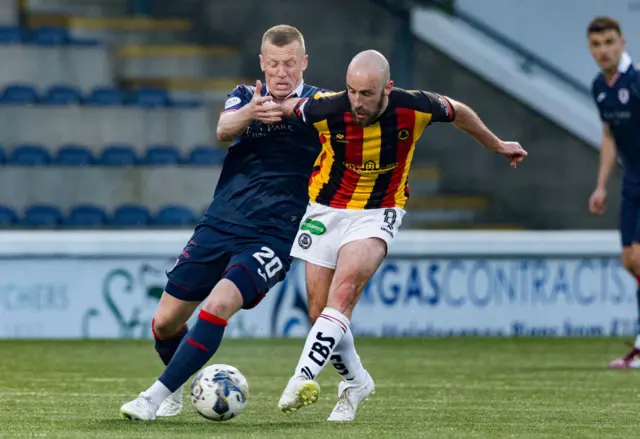 Raith's Sam Stanton (L )and Partick's Stuart Bannigan in action during a cinch Premiership Play-Off Semi-Final 2nd Leg match between Raith Rovers and Partick Thistle at Starks Park, on May 17, 2024, in Kirkcaldy, Scotland.