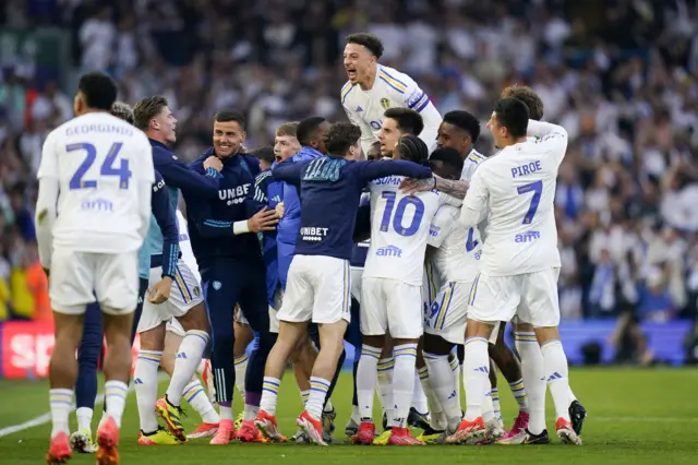 Leeds players celebrate during their play-off win over Norwich