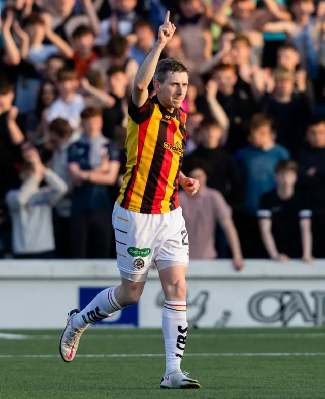 artick's Blair Alston celebrates scoring to make it 1-0 during a cinch Premiership Play-Off Semi-Final 2nd Leg match between Raith Rovers and Partick Thistle at Starks Park, on May 17, 2024, in Kirkcaldy, Scotland.