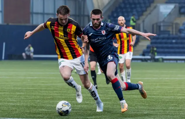 Partick's Luke McBeth (L) anfd Raith's Sam Stanton in action during a cinch Premiership Play-Off Semi-Final 2nd Leg match between Raith Rovers and Partick Thistle at Starks Park, on May 17, 2024, in Kirkcaldy, Scotland.