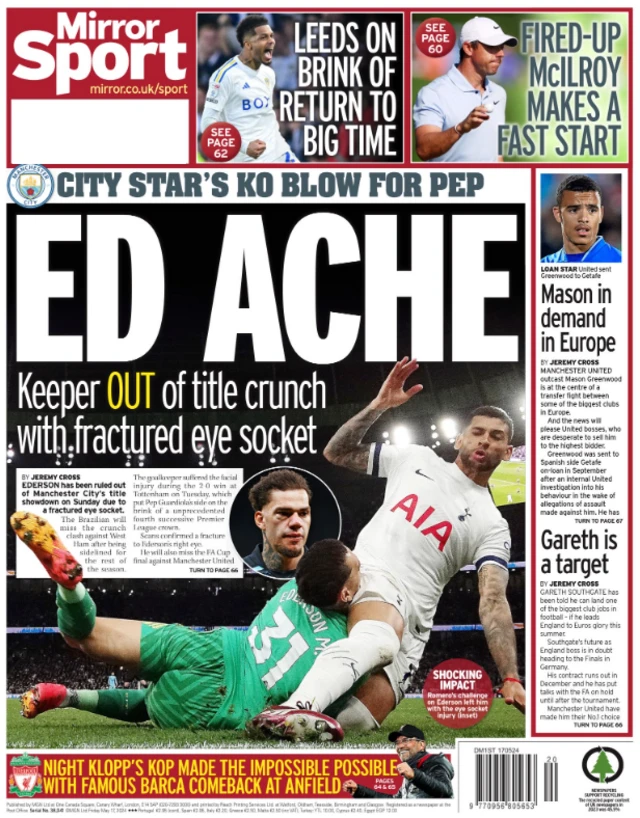 Back page of the Daily Mirror on 17 May 2024