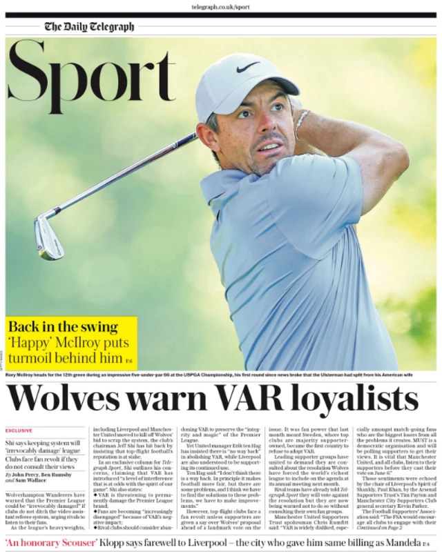 Lead sport page of the Daily Telegraph on 17 May 2024