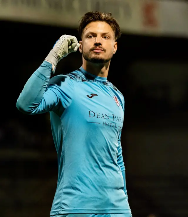 Raith's Kevin Dabrowski during the shootout during a cinch Premiership Play-Off Semi-Final 2nd Leg match between Raith Rovers and Partick Thistle at Starks Park, on May 17, 2024, in Kirkcaldy, Scotland.