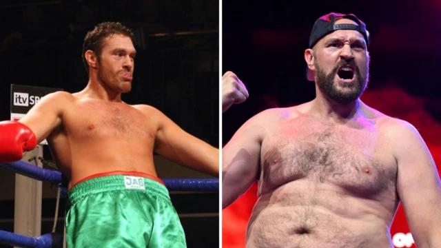 Tyson Fury leans on the ropes (left) Tyson Fury screams and puts his fist in the air